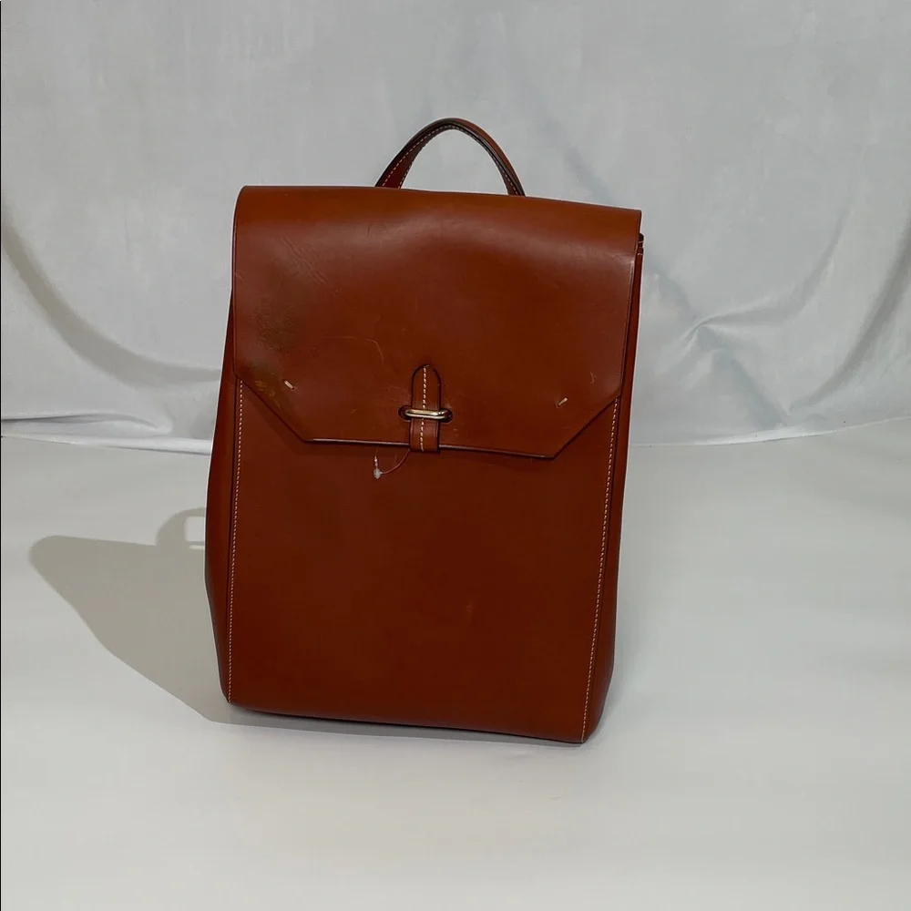 Paul Stuart 100% Leather Backpack Tan Brown Red Lining Gold Hardware